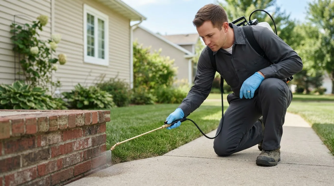 Pest control technician treating a home near Fontana, KS